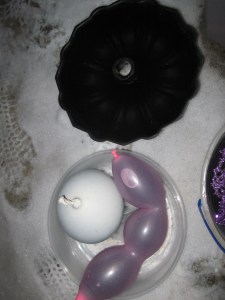 Ice Marbles/Gems, balloons, ice candle ring, bundt pan, cake pan